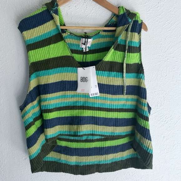 BDG Striped Knit Sleeveless Hoodie NWT Sz Medium Green - Picture 2 of 6
